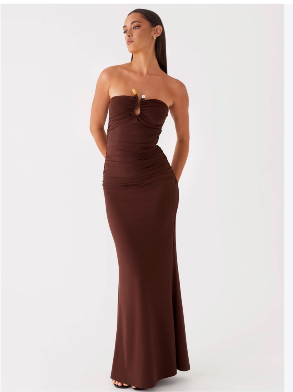 Thirty Thirty Brown Strapless Ruched Maxi Dress – Size Medium – NWT